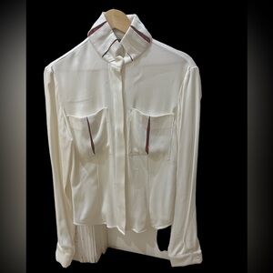 KOEL size small. Button down blouse. Satin inserts on pockets and neckline